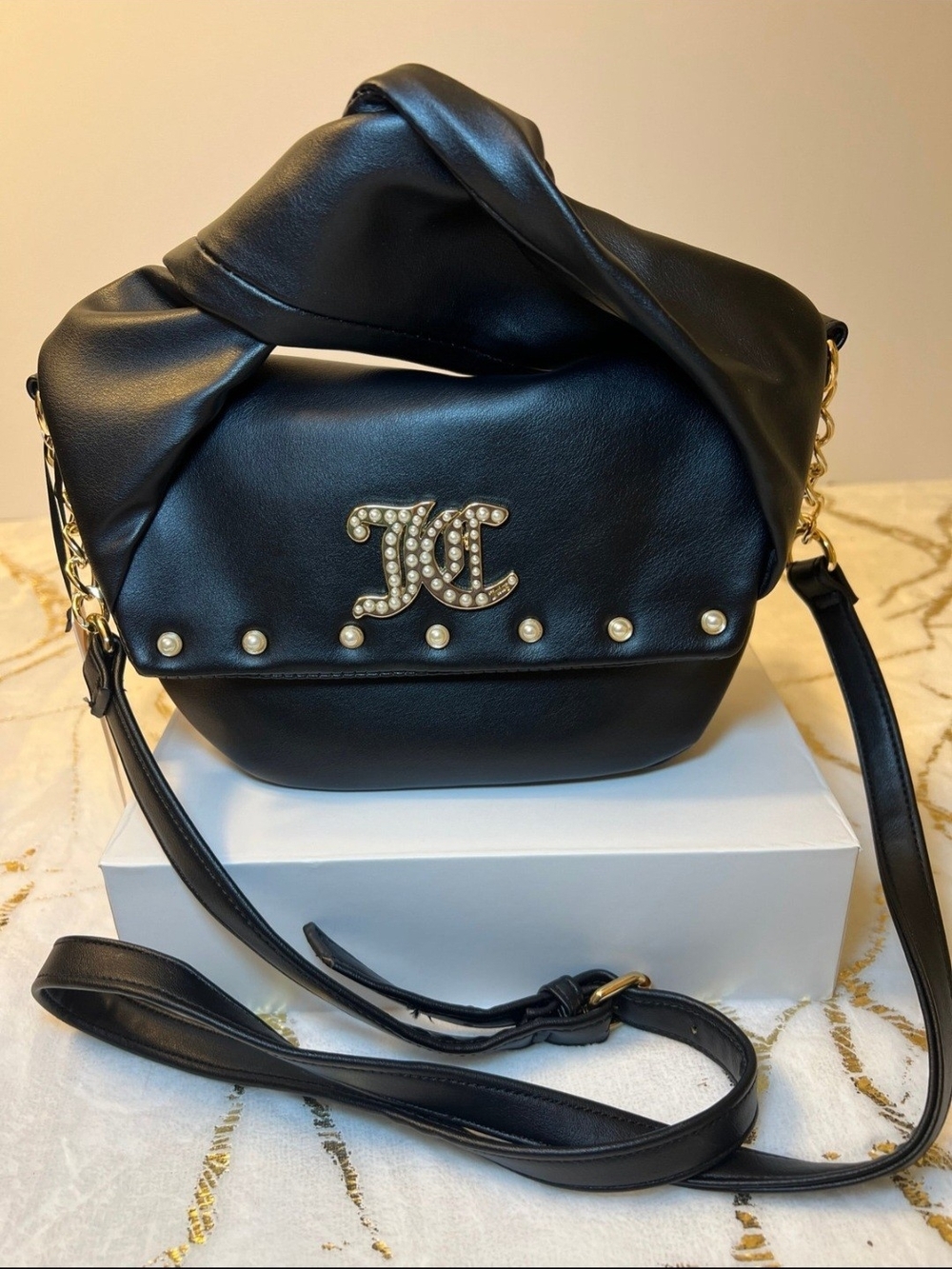 Black Pearl-Embellished Crossbody Bag